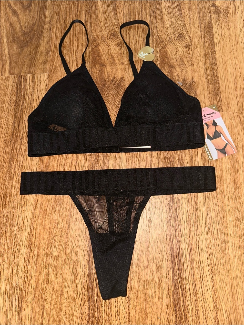 Juicy Couture Black Mesh Triangle Bralette & Thong Set